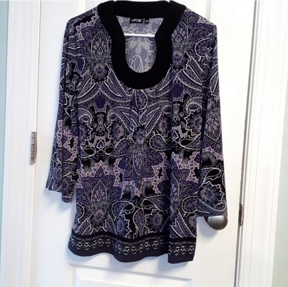 Apt. 9 Women's Purple and Black Paisley Top L EUC Career Office Dressy Spring
